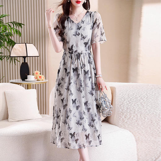 雀说新款印花减龄v领花边系带收腰显瘦短袖中长裙AL9775 商品图0