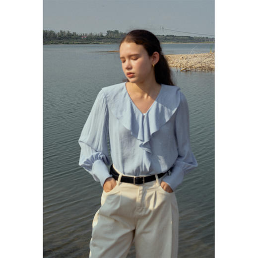 HeyDress荷叶边衬衫女春秋法式宽松慵懒感衬衣浪漫气质灯笼袖上衣 商品图2