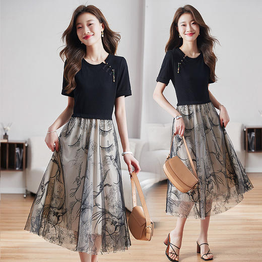 雀说新中式国风连衣裙女收腰遮肚子显瘦网纱拼接假两件裙AL6132 商品图0