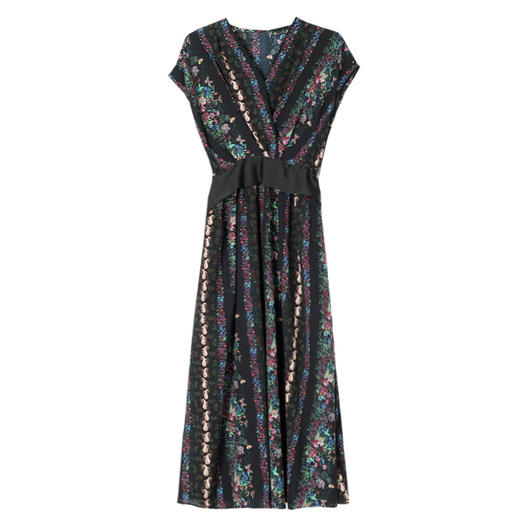 雀说新款连袖高腰漂亮独特优雅气质交叉V领碎花长款大摆连衣裙AL8511 商品图4