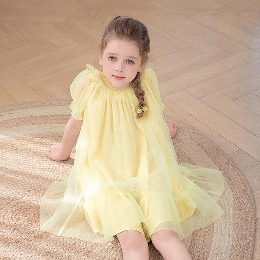 mettekids儿童裙子2024新款夏季女童绣花连衣裙泡泡袖网纱公主裙 商品图3