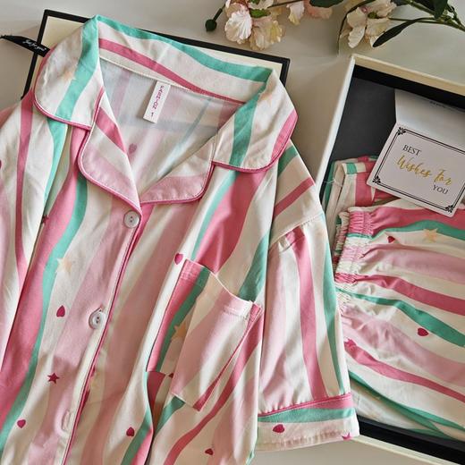 「两件套！多巴胺风」多巴胺粉色条纹睡衣 女夏天薄款学生可外穿短袖套装甜美内衣网红家居服 商品图3