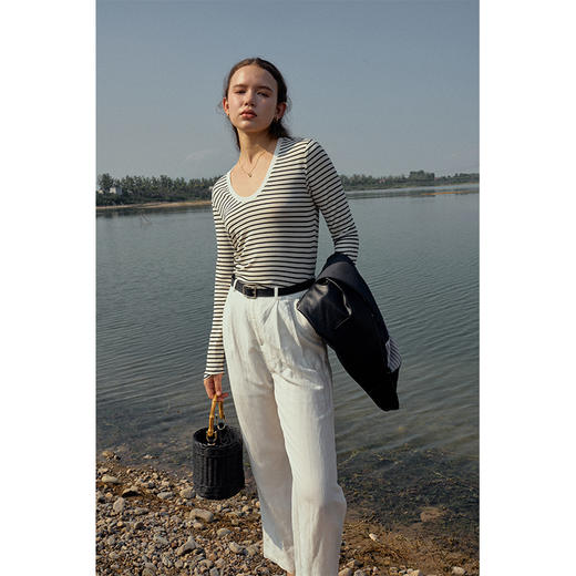 HeyDress天丝羊毛针织衫春秋撞色条纹设计百搭上衣弹力修身内搭 商品图0