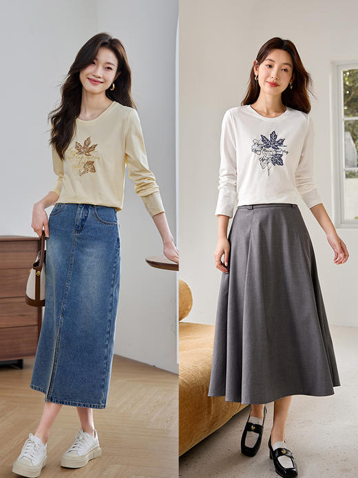 【五折购】熙世界艺术感枫叶珠片T恤长袖2025秋新款宽松显瘦休闲圆领上衣 商品图4