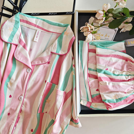 「两件套！多巴胺风」多巴胺粉色条纹睡衣 女夏天薄款学生可外穿短袖套装甜美内衣网红家居服 商品图2