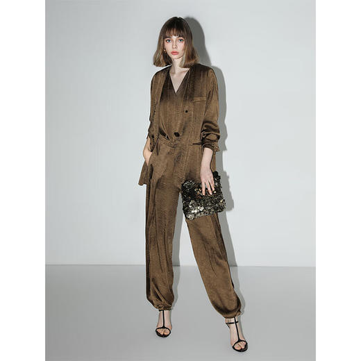 COCOBELLA奢感通勤质感肌理缎面高腰打褶多色灯笼裤PA3011 商品图1