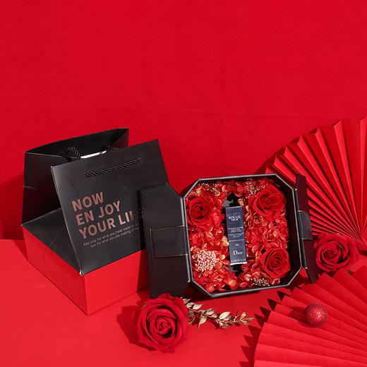 八角永生花口红礼盒玫瑰花盒香水精油花盒红色玫瑰花礼品盒七夕圣诞情人节送女友礼物 商品图2