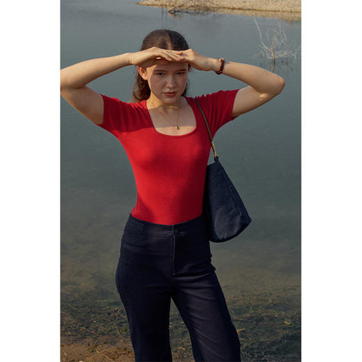 HeyDress无缝一体羊毛针织衫女夏季法式U领修身弹力百搭短袖上衣 商品图1
