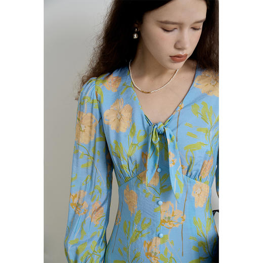 HeyDress法式碎花连衣裙女春秋复古V领收腰垂感显瘦气质长袖裙子 商品图1