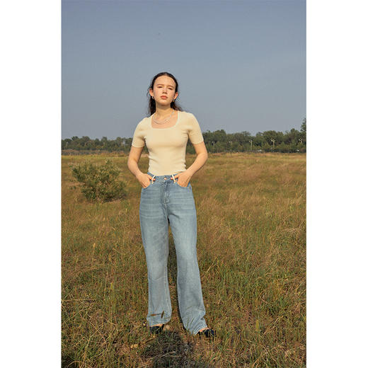 HeyDress无缝一体羊毛针织衫女夏季法式U领修身弹力百搭短袖上衣 商品图2