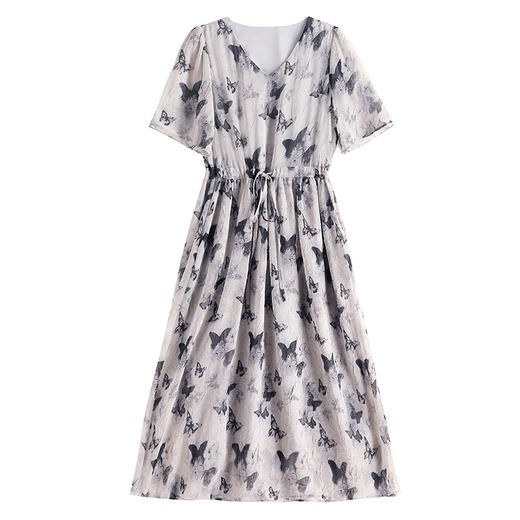 雀说新款印花减龄v领花边系带收腰显瘦短袖中长裙AL9775 商品图4