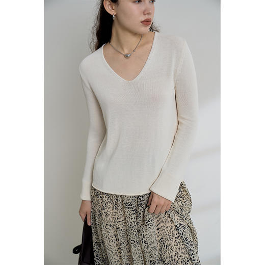 HeyDress麻感针织衫女春秋复古V领宽松慵懒休闲百搭套头气质上衣 商品图1