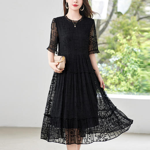 福利款~丁摩 真丝原创女装奢华重工刺绣真丝连衣裙女拼接A字裙4ZF-96960 商品图2