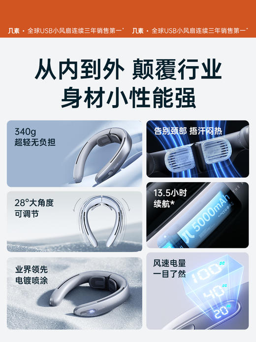 几素挂脖小风扇便携式随身小型usb充电迷你空调制冷懒人挂颈脖子无叶涡轮静音穿戴可调节降温神器露营户外女 商品图3