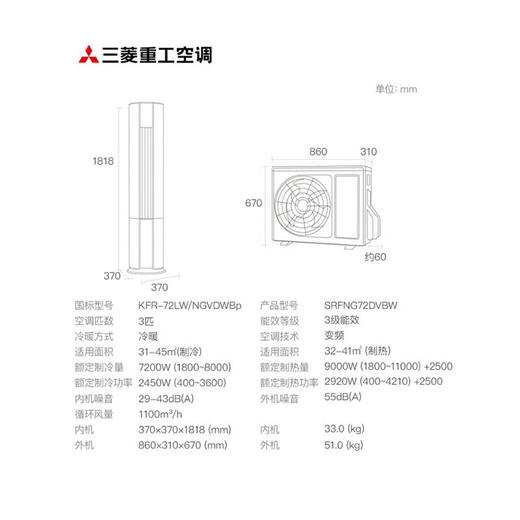 三菱重工空调 3匹空调 新三级能效 智能电辅热 智能水洗 家用客厅空调立式 圆柱空调柜机 SRFNG72DVBW 商品图4