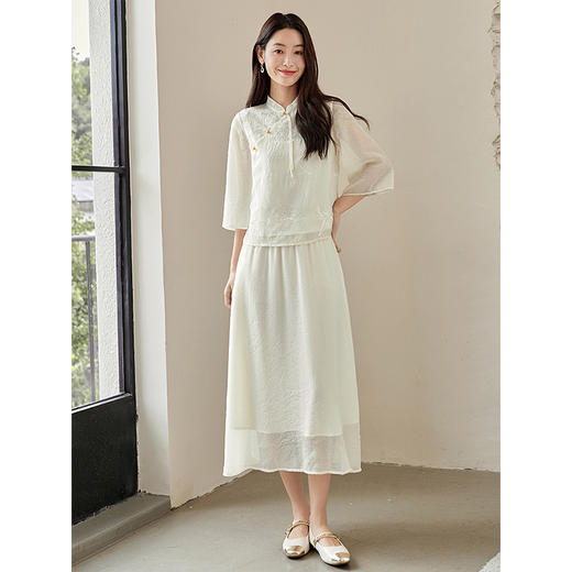 【五折购】熙世界2025初秋新款女装新中式民国风禅意薄纱上衣半身裙两件套 商品图4