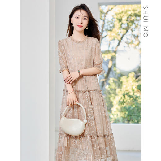 福利款~丁摩 真丝原创女装奢华重工刺绣真丝连衣裙女拼接A字裙4ZF-96960 商品图0