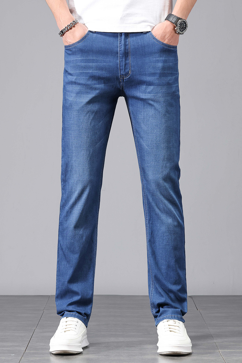 赤兔嗨购男装宽松直筒弹力不束缚牛仔裤蓝色2024年秋冬新款水洗长裤宽腿