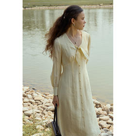 HeyDress黄色连衣裙女春秋法式V领收腰设计感优雅气质长袖裙子