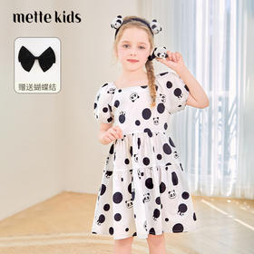 mettekids女童连衣裙2024夏新款泡泡袖可爱熊猫甜美儿童公主裙子