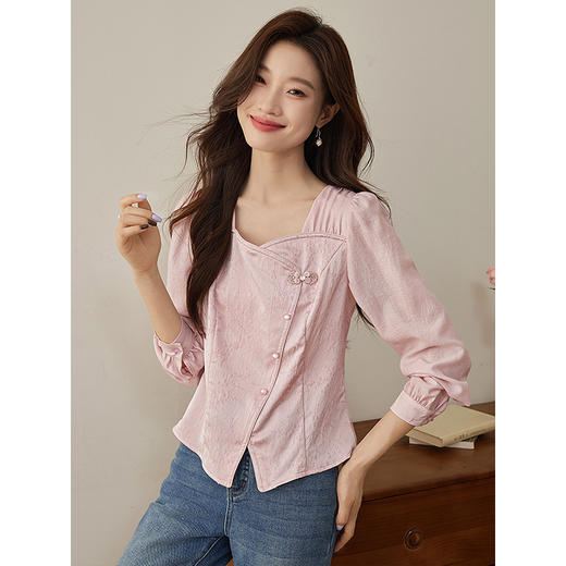 【129选3件，不退换】熙世界《花笺》新中式提花衬衫秋2024新款国风长袖粉色方领上衣 商品图1