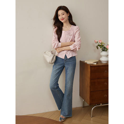 【129选3件，不退换】熙世界《花笺》新中式提花衬衫秋2024新款国风长袖粉色方领上衣 商品图2