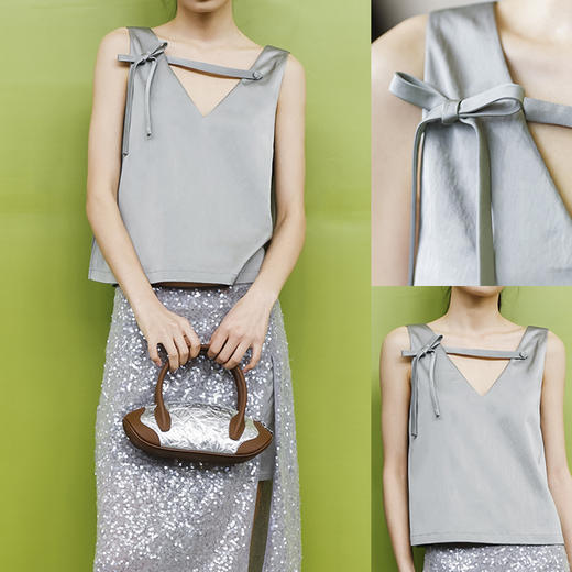 lost in echo2024夏季新款高级V领双层蝴蝶结上衣吊带背心上衣女 商品图4