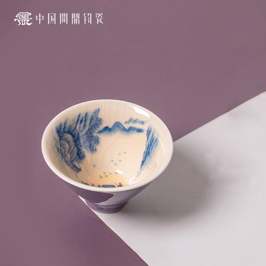 问鼎钧瓷鹅黄青花斗笠杯（溪山泛舟） 商品图1