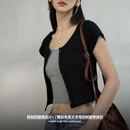 马登针织圆领短袖显瘦修身开衫肌理感短款百搭上衣基础针织衫夏女 商品图2