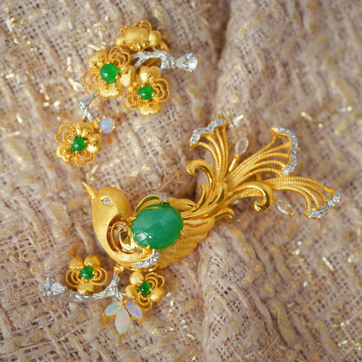 龢盒原创 花间小鸟翡翠胸针套 商品图0