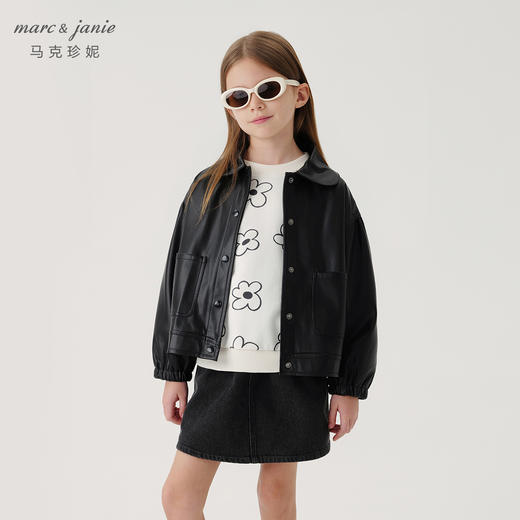 马克珍妮女童时尚泡泡袖皮衣夹克 儿童外套春秋款上衣241078 商品图1
