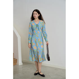 HeyDress法式碎花连衣裙女春秋复古V领收腰垂感显瘦气质长袖裙子