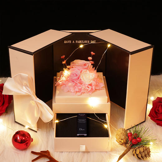 情人节永生花口红香水礼盒鲜花盒礼品包装盒红玫瑰六角永生花盒七夕圣诞情人节送女友礼物 商品图4