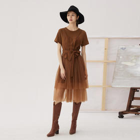 谜底拼接式连衣裙短袖2024秋新品复古文艺风纱裙中长裙243ML1144