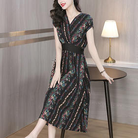 雀说新款连袖高腰漂亮独特优雅气质交叉V领碎花长款大摆连衣裙AL8511