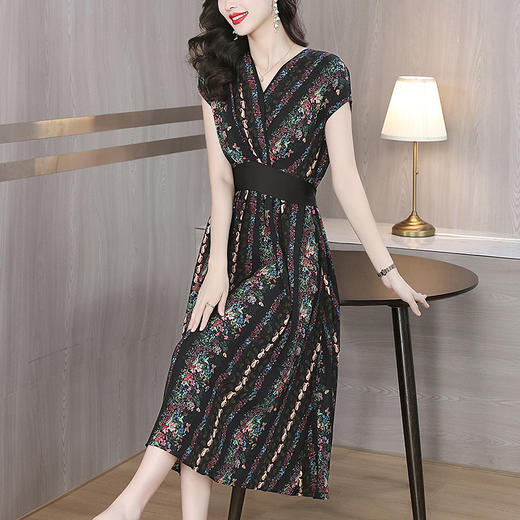 雀说新款连袖高腰漂亮独特优雅气质交叉V领碎花长款大摆连衣裙AL8511 商品图0