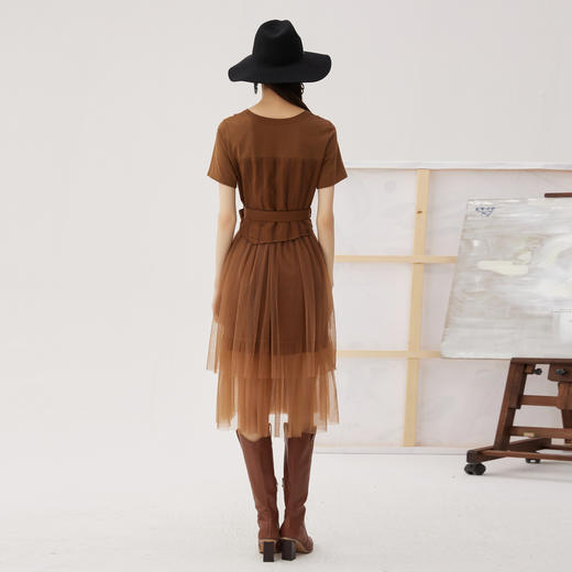 谜底拼接式连衣裙短袖2024秋新品复古文艺风纱裙中长裙243ML1144 商品图2