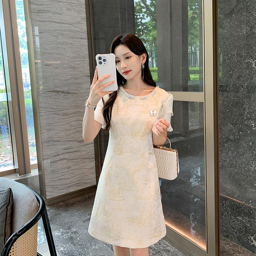 [奢姿轻奢系列]大码女装2024夏季蝴蝶结提花裙子胖妹妹钉珠连衣裙8942810023 商品图0