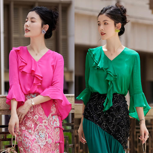 【雾境定制】粉韵祥云系列轻薄透气双绉真丝面料上衣 3204136 商品图0