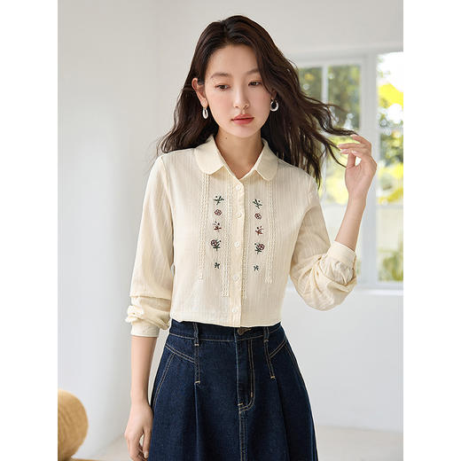 【79元福袋，不支持退换】熙世界文艺清新刺绣花边纯棉衬衫秋季2025新款别致小众长袖衬衣 商品图2
