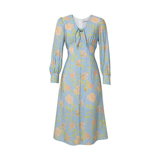 HeyDress法式碎花连衣裙女春秋复古V领收腰垂感显瘦气质长袖裙子 商品图4