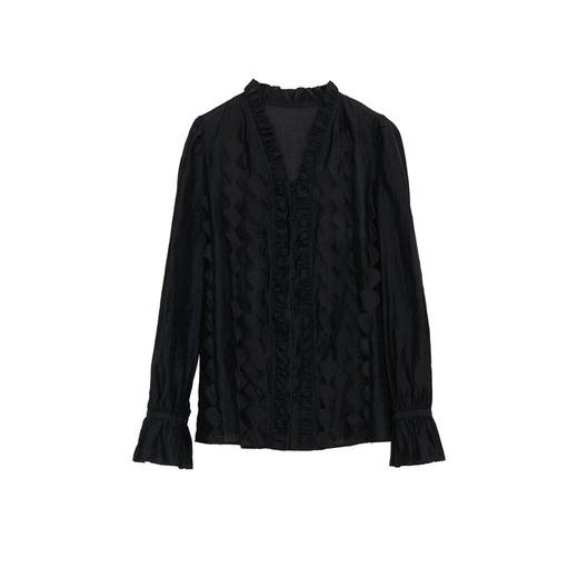 谜底衬衫长袖女2024秋新品优雅浪漫花边V领宽松刺绣衬衣243MC1104 商品图4