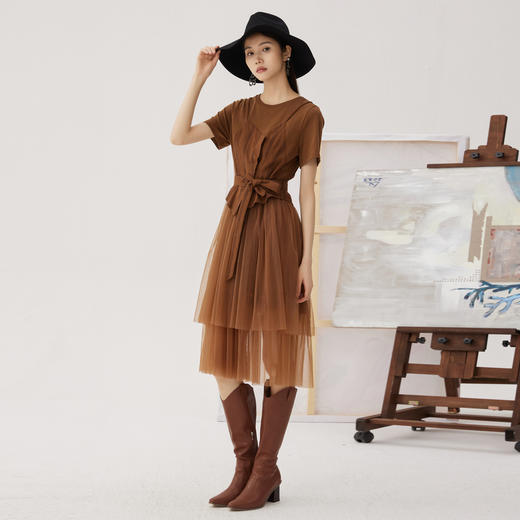 谜底拼接式连衣裙短袖2024秋新品复古文艺风纱裙中长裙243ML1144 商品图1