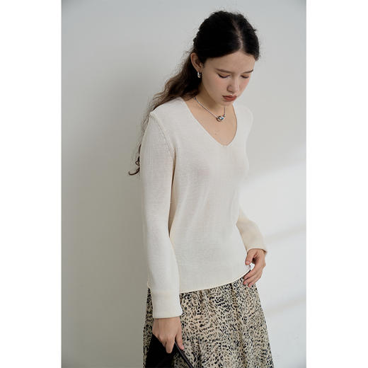 HeyDress麻感针织衫女春秋复古V领宽松慵懒休闲百搭套头气质上衣 商品图2