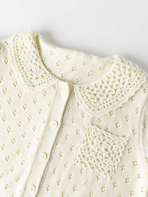 COCO ZONE 复古镂空翻领短袖针织开衫单排扣上衣CC2B1202 商品图5