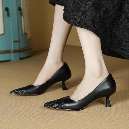 【预售5天】细跟尖头浅口亮片单鞋，牛皮韩版时尚复古中跟鞋HYDD&C0635 商品图3