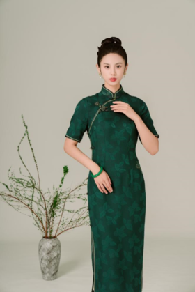 荷言HEYEN 晴桑 真丝花罗全开襟桂花盘扣全手工旗袍高级定制