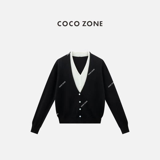 COCO ZONE 法式假两件撞色V领针织衫单排扣上衣24C60020 商品图0