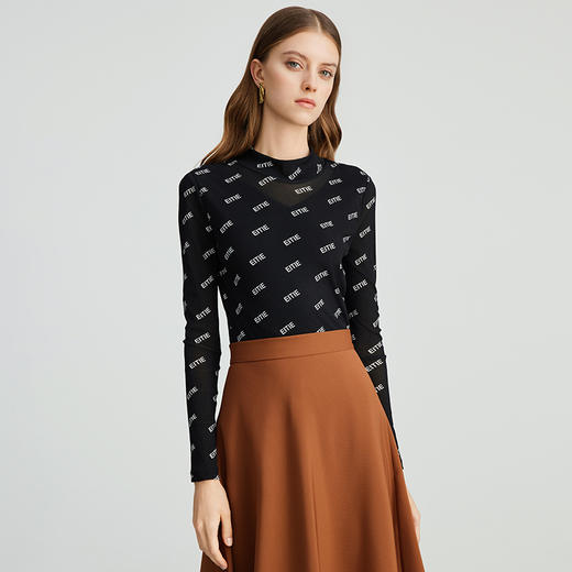EITIE爱特爱弹力针织网纱印花修身显瘦打底衫长袖T恤秋季新款C2413420 商品图2