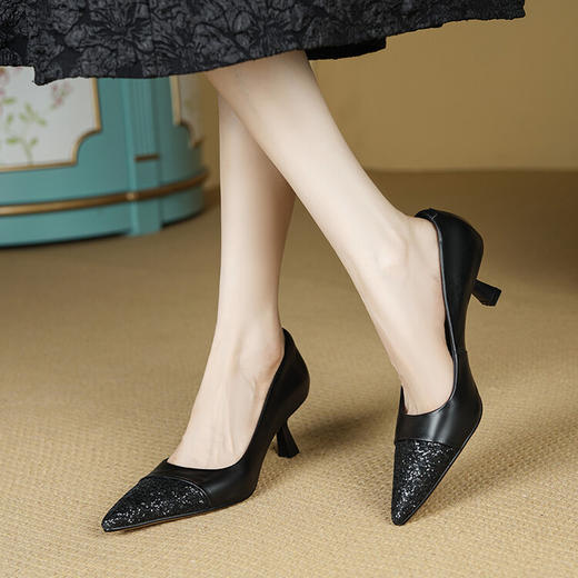 【预售5天】细跟尖头浅口亮片单鞋，牛皮韩版时尚复古中跟鞋HYDD&C0635 商品图2